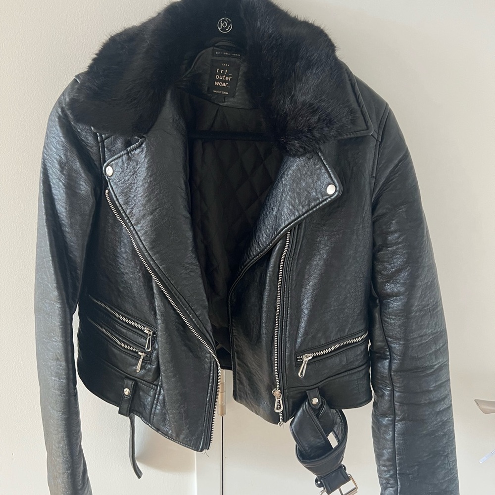 Zara Thick Leather Jacket with removable fur collar